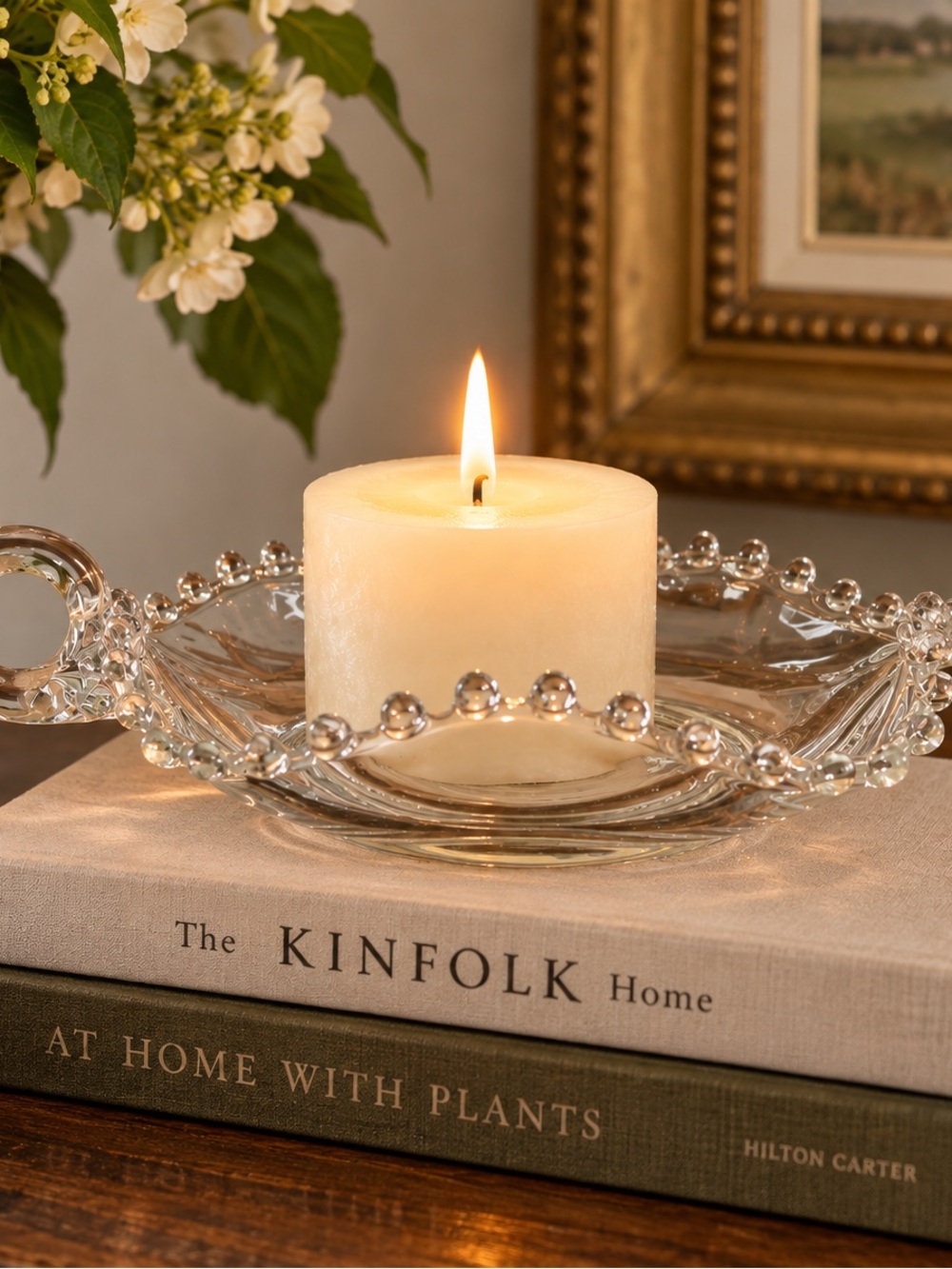 Cream Pillar Candle on Decorative Clear Glass Tray - Home Accents